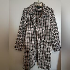 Alice Blue Black, White And Burgundy Tweed Coat 100% Polyester Sz M